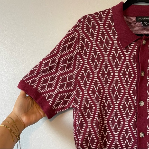 Art of Rhetoric short sleeve sweater button up shirt maroon diamond knit sz M - Picture 3 of 9